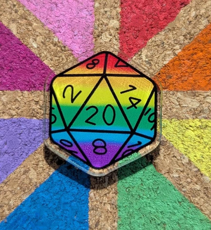 Mini Wood Colorful/Rainbow Pins and D20 Dice Acrylic Pin Badges or Stickers Dungeons & Dragons/DND/TTRPG.