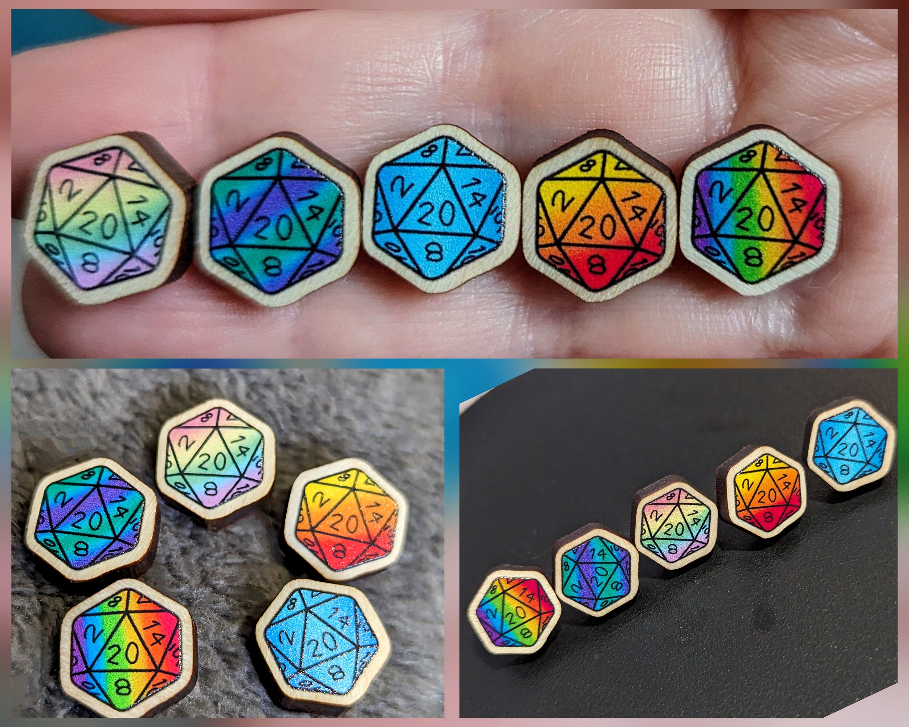 Mini Wood Colorful/Rainbow Pins and D20 Dice Acrylic Pin Badges or Stickers Dungeons & Dragons/DND/TTRPG.