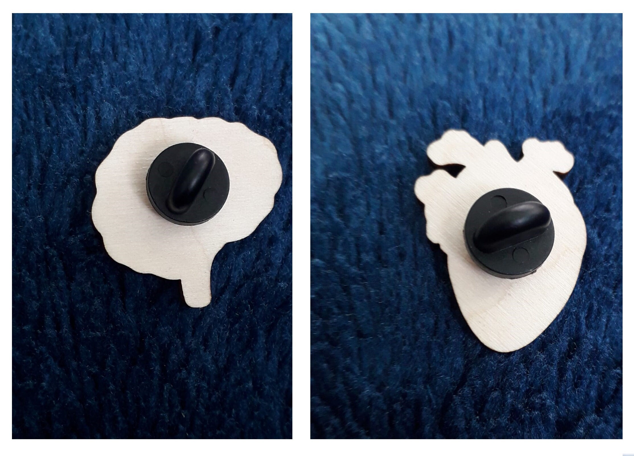 White wood image back of pin with black rubber cap on a blue textured background