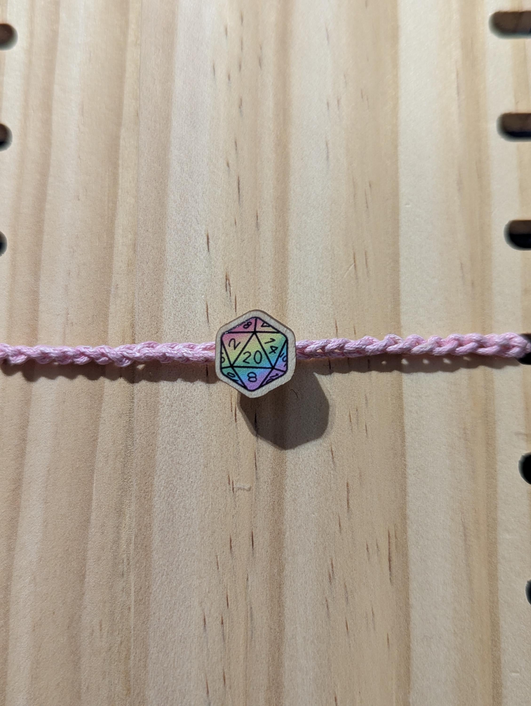 D20 Dice wooden charm bracelet, friendship bracelet, waxed cord, rainbow charm, DnD TTRPG accessory