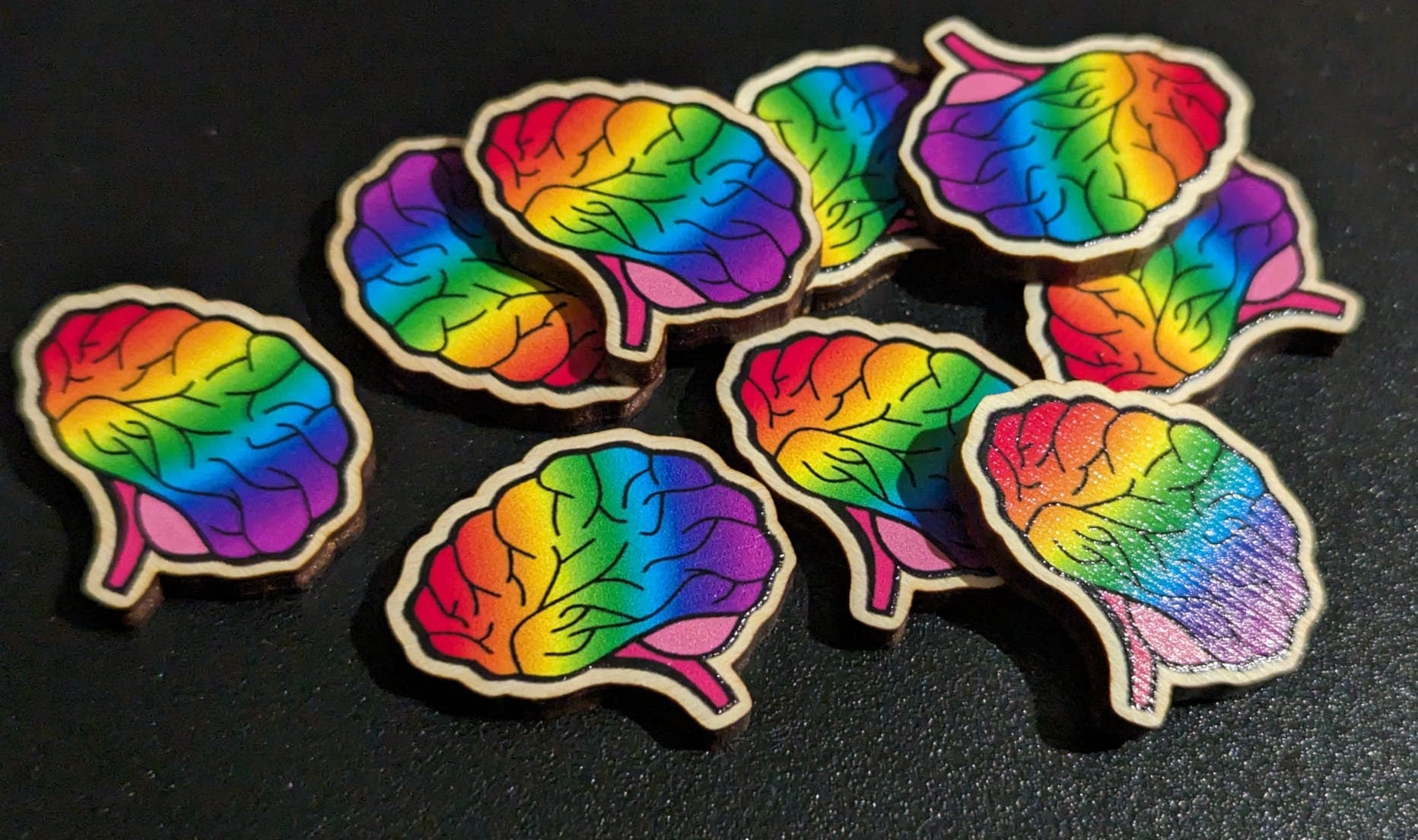 Anatomical heart and brain wooden pin badges or stickers. Pin Display/Set/Clothing Accessories also in mini size and rainbow neurodivergent.