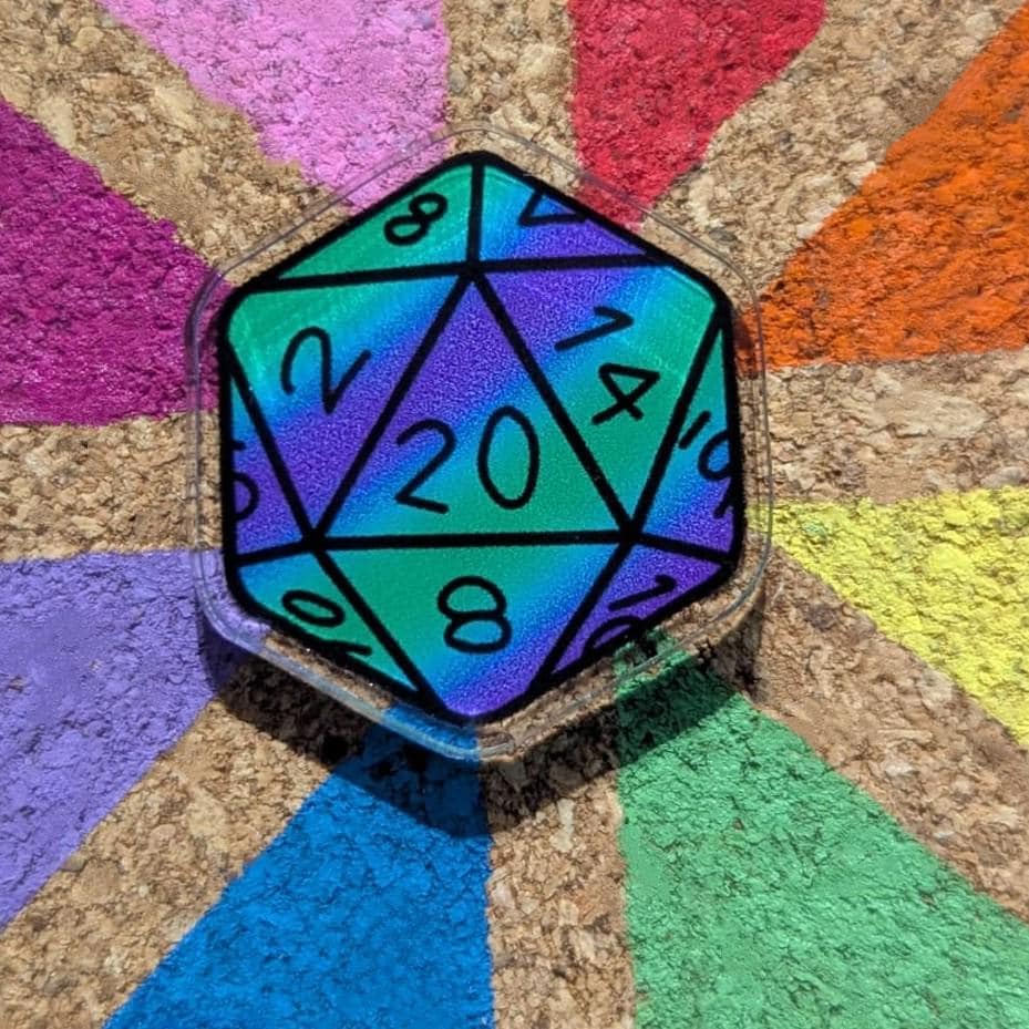 Mini Wood Colorful/Rainbow Pins and D20 Dice Acrylic Pin Badges or Stickers Dungeons & Dragons/DND/TTRPG.