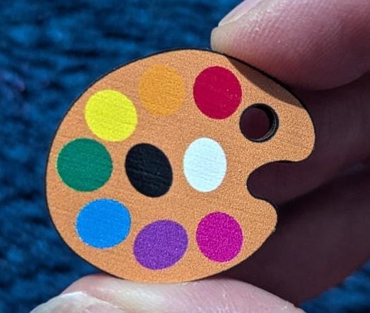 Artists palette and brush wooden pins. crafty gift, rainbow pallete, painter pin set lapel / brooch / badge.