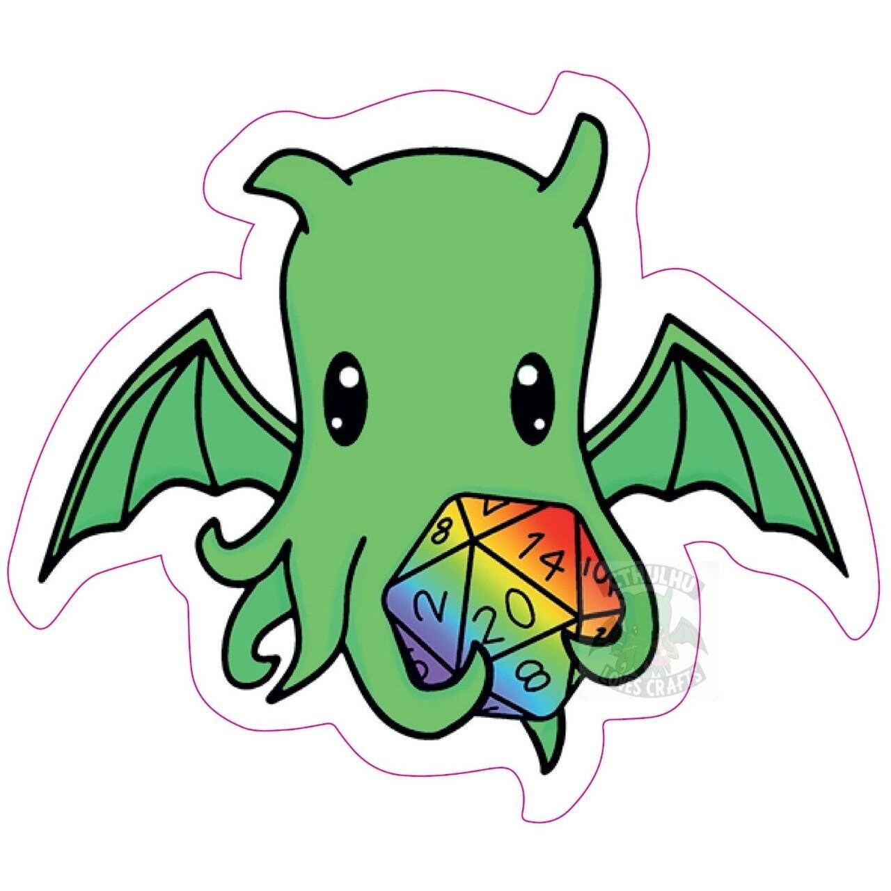 Cute Cthulhu Stickers in various designs, holding critical fail & success rainbow d20, destroying a ship, being a DM and holding a loveheart