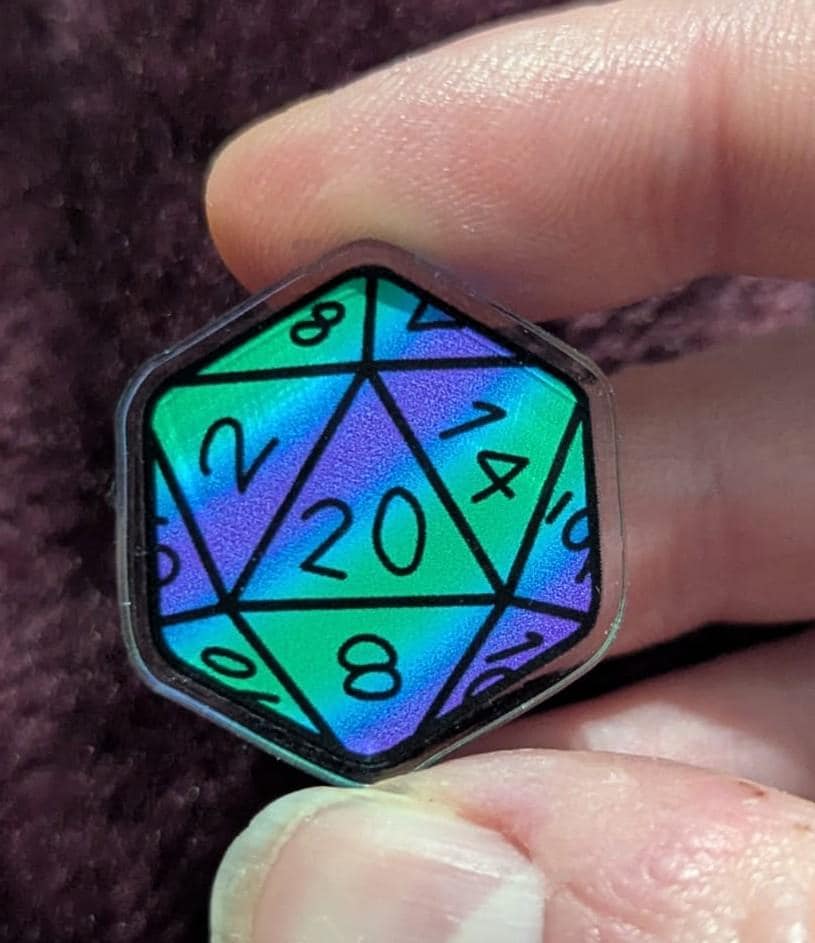 Mini Wood Colorful/Rainbow Pins and D20 Dice Acrylic Pin Badges or Stickers Dungeons & Dragons/DND/TTRPG.