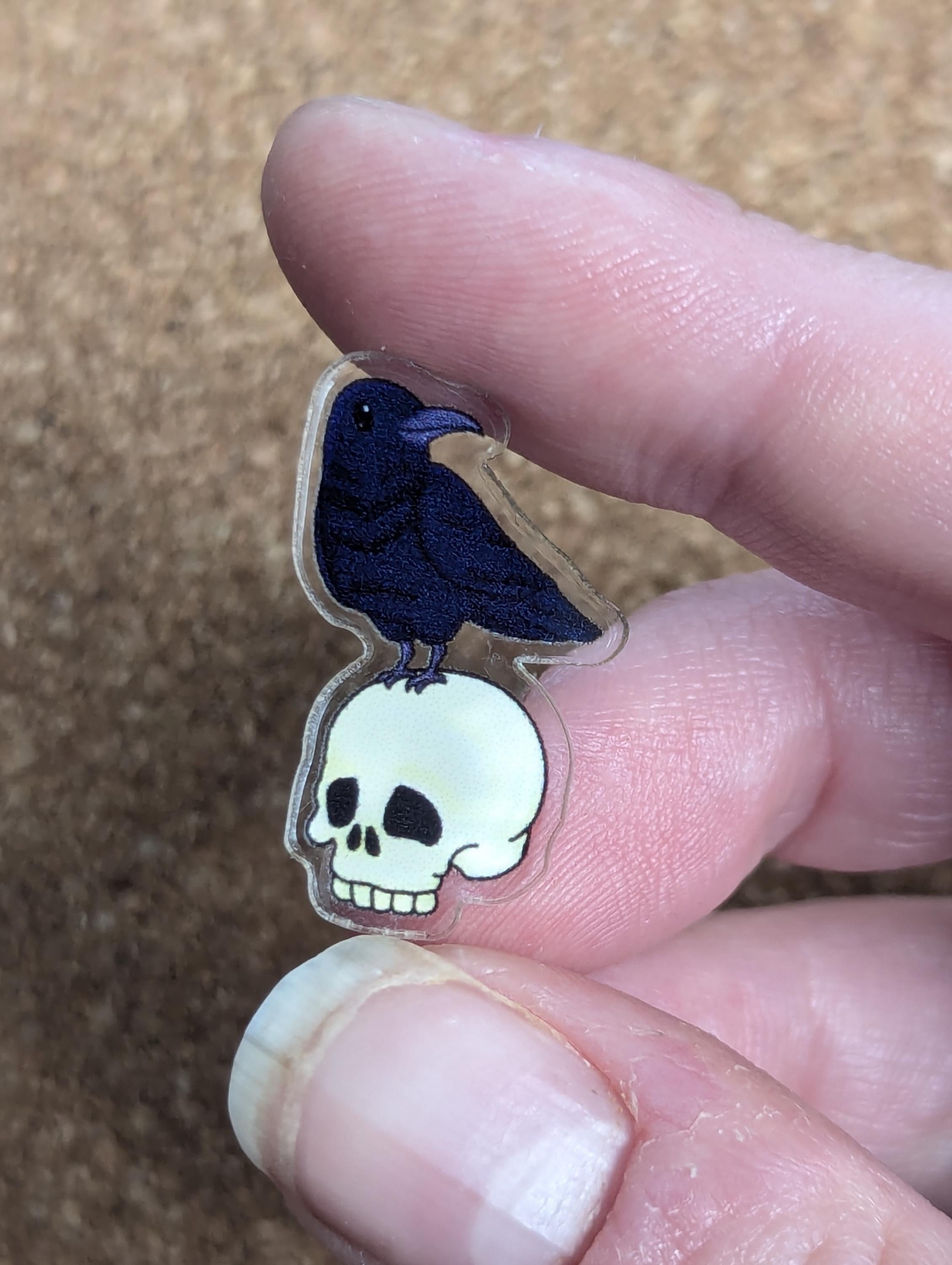 Raven and skull, acrylic or wooden pins, Cute little raven or crow wooden pin or raven acrylic lapel pin