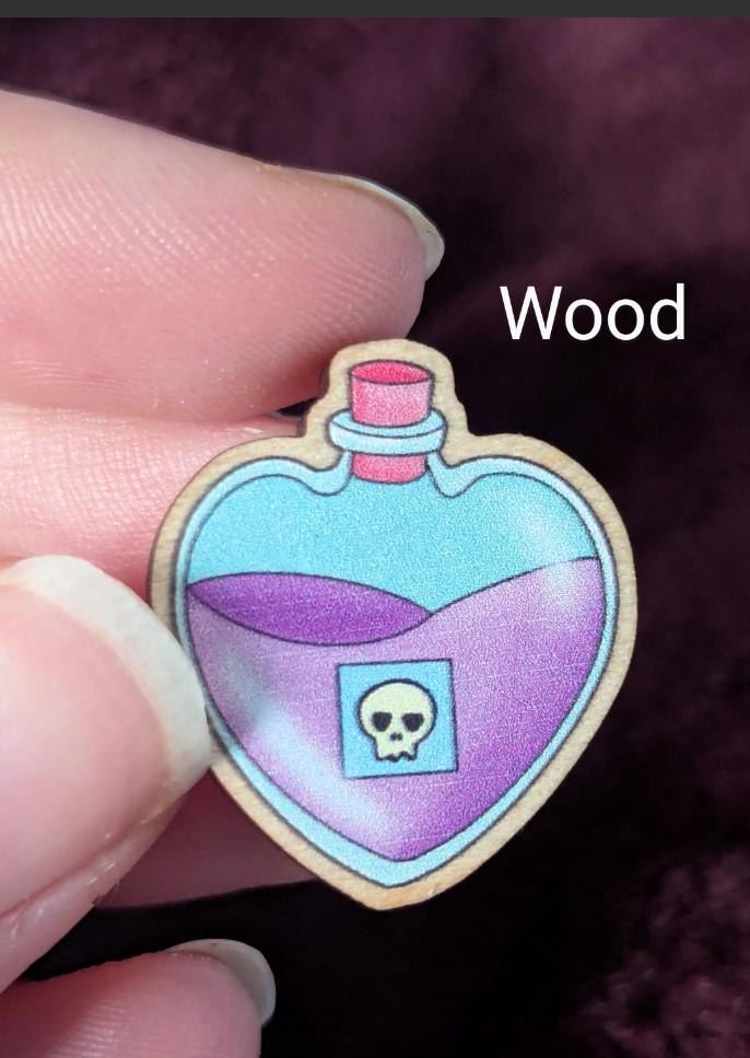 Potion of Poison Stickers, Enamel or Wooden pins. Cute heart-shaped potion bottle, pink liquid and a skull label, D&D lapel / brooch/ badge.