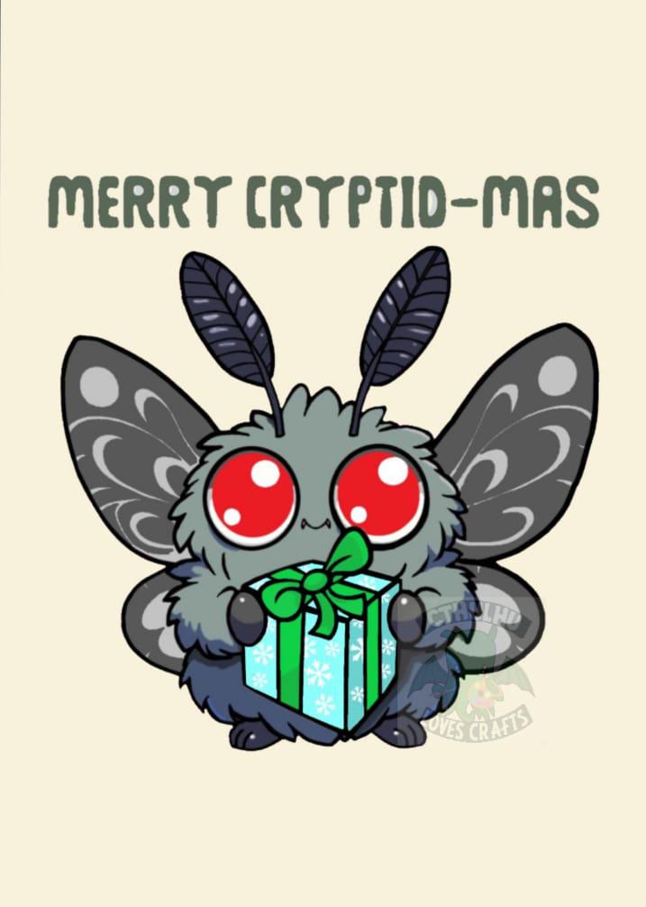 Mothman or Yeti Christmas Cards, Greetings Nerdy Xmas. Abominable Snowman, Cute Cryptid, Pun, Funny Folding Card Happy Holidays