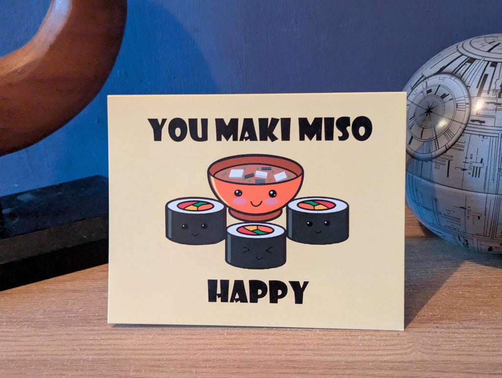 Cute Kawaii Sushi Greetings Cards, Birthday, Valentines, Anniversary, funny, puns (You Maki Miso Happy / You are so Awesome ) Folding Card.