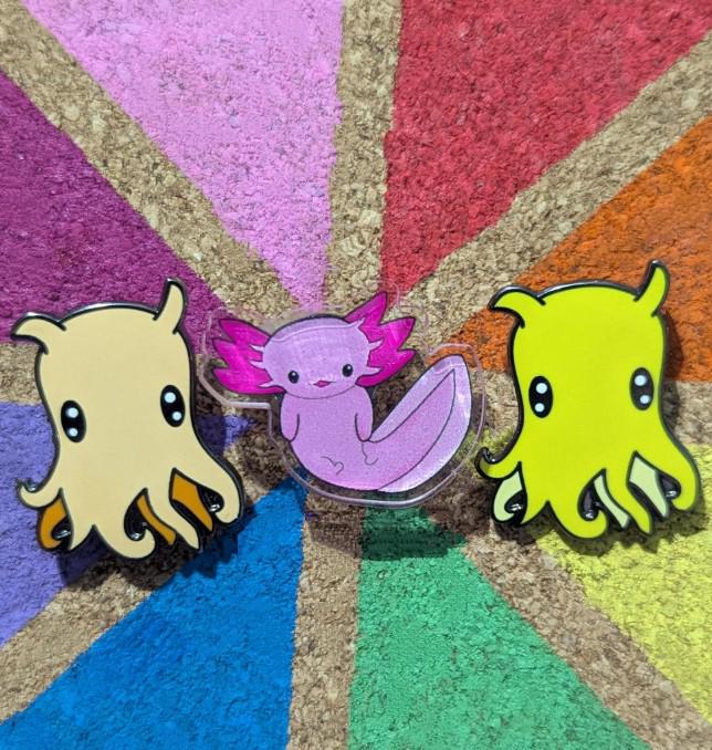 Cute Ocean Critters - enamel or acrylic pins flapjack octopus, pink axolotl, umbrella squid, lapel / brooch/ badge marine creature'sgift