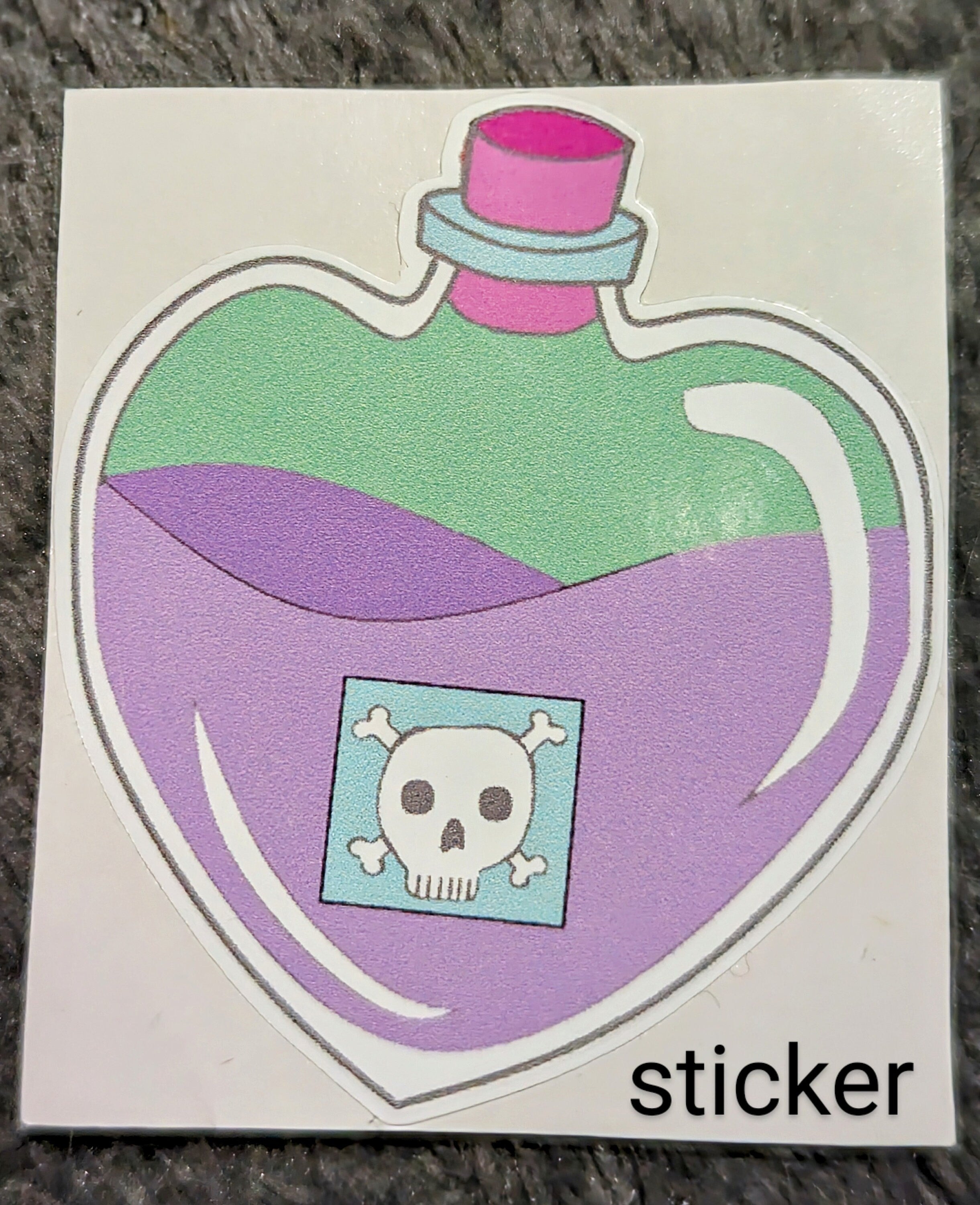 Potion of Poison Stickers, Enamel or Wooden pins. Cute heart-shaped potion bottle, pink liquid and a skull label, D&D lapel / brooch/ badge.