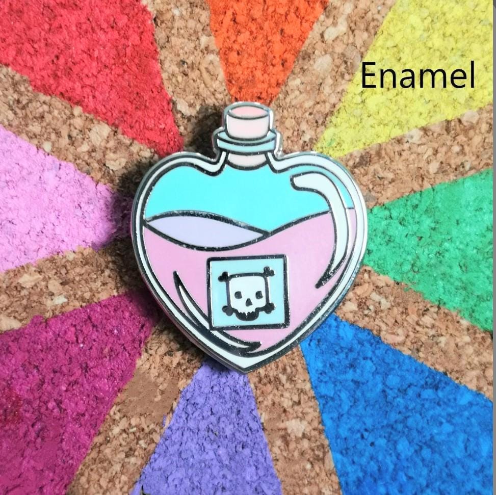 Potion of Poison Stickers, Enamel or Wooden pins. Cute heart-shaped potion bottle, pink liquid and a skull label, D&D lapel / brooch/ badge.