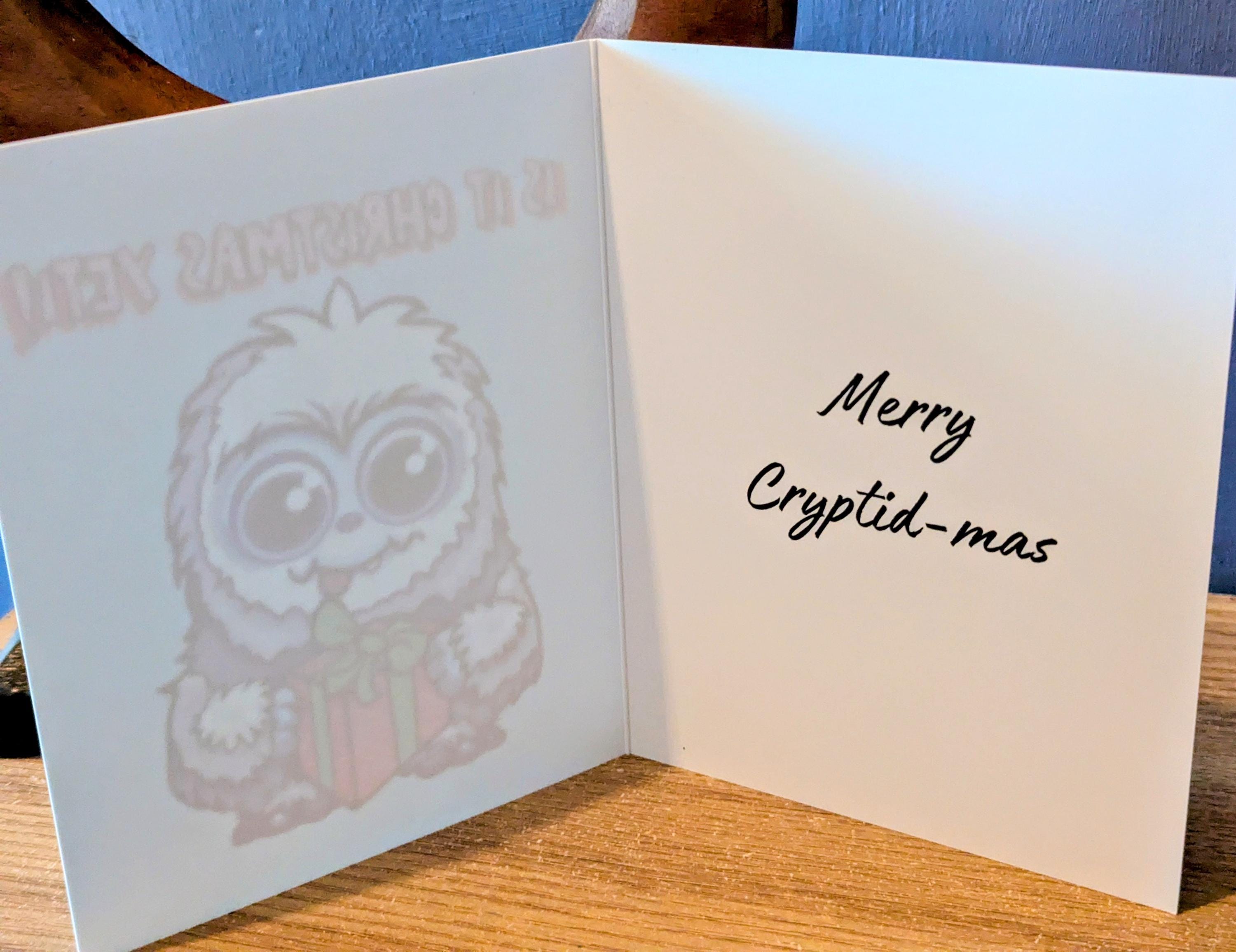 Mothman or Yeti Christmas Cards, Greetings Nerdy Xmas. Abominable Snowman, Cute Cryptid, Pun, Funny Folding Card Happy Holidays
