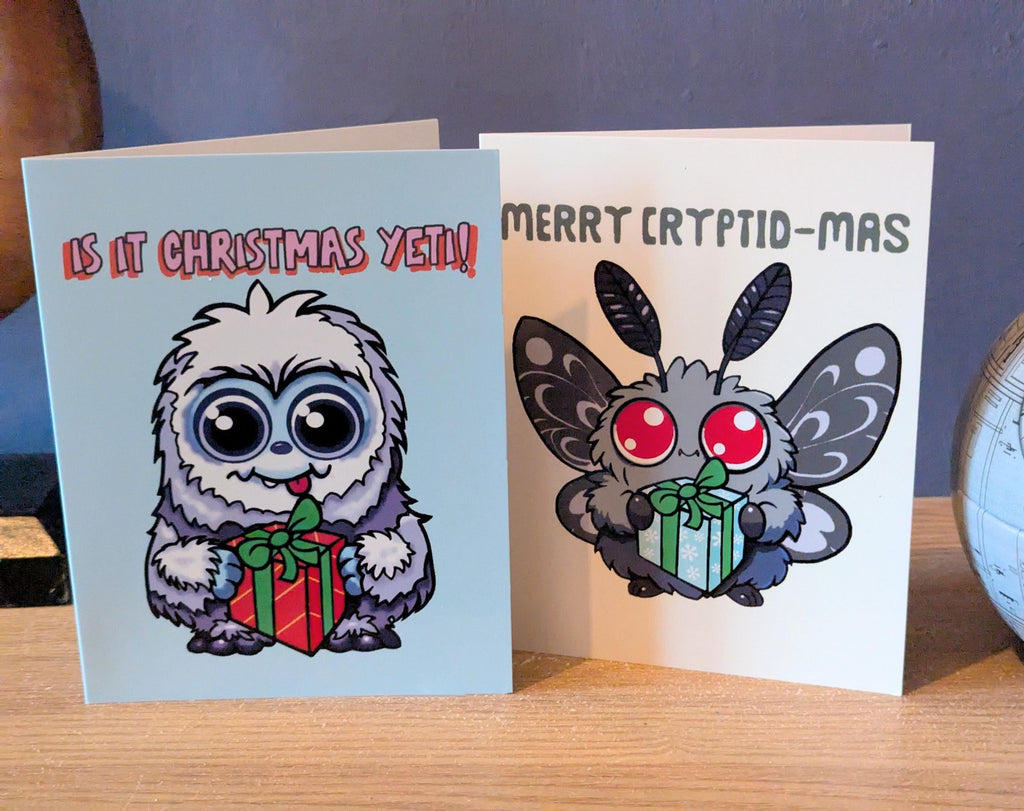 Mothman or Yeti Christmas Cards, Greetings Nerdy Xmas. Abominable Snowman, Cute Cryptid, Pun, Funny Folding Card Happy Holidays
