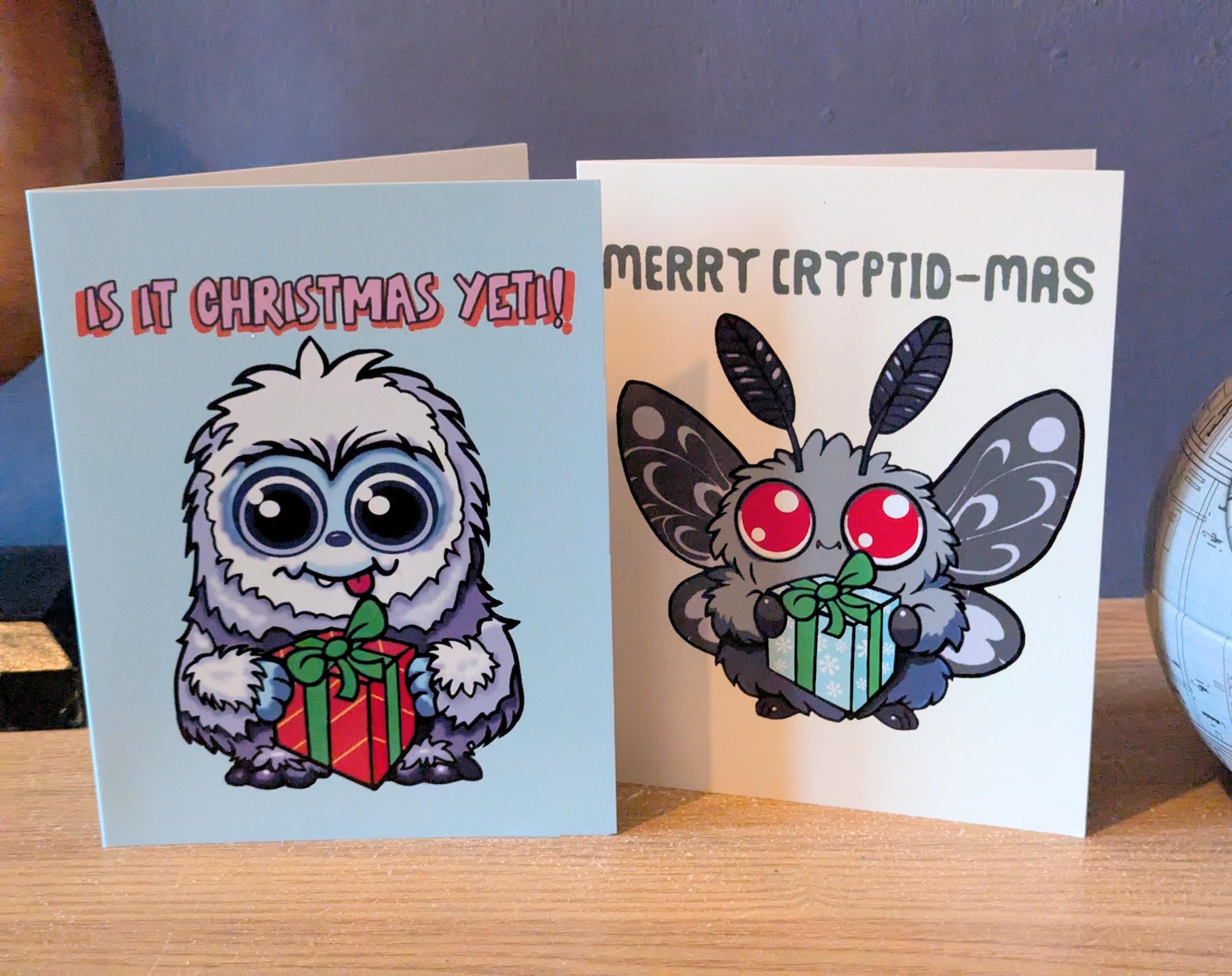 Mothman or Yeti Christmas Cards, Greetings Nerdy Xmas. Abominable Snowman, Cute Cryptid, Pun, Funny Folding Card Happy Holidays