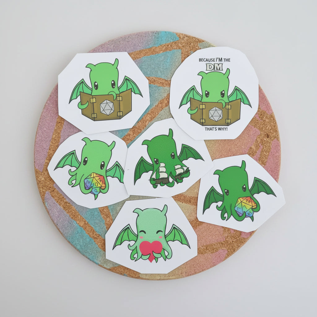Cute Cthulhu Stickers in various designs, holding critical fail & success rainbow d20, destroying a ship, being a DM and holding a loveheart