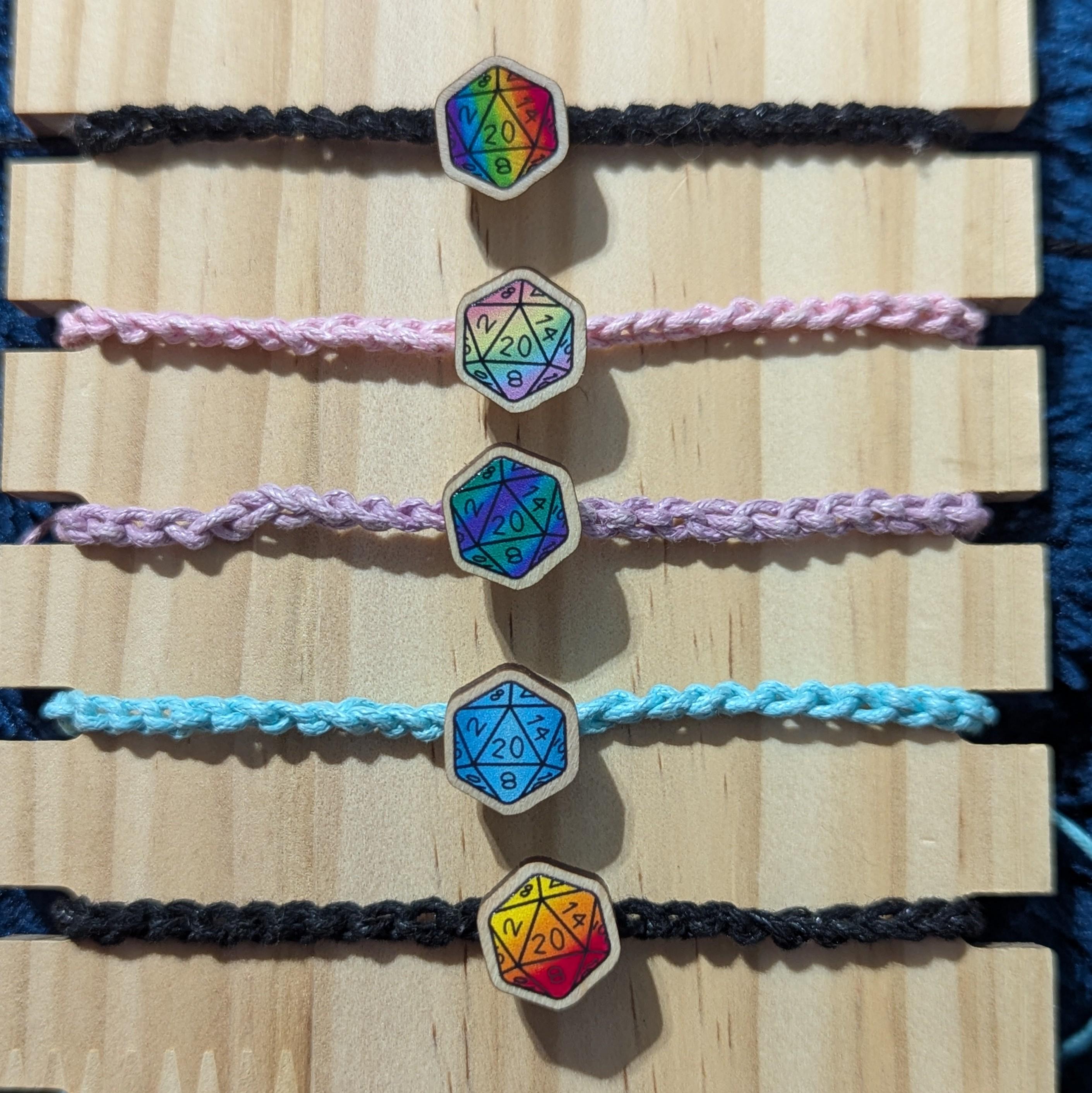 D20 Dice wooden charm bracelet, friendship bracelet, waxed cord, rainbow charm, DnD TTRPG accessory