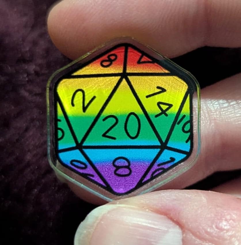 Mini Wood Colorful/Rainbow Pins and D20 Dice Acrylic Pin Badges or Stickers Dungeons & Dragons/DND/TTRPG.
