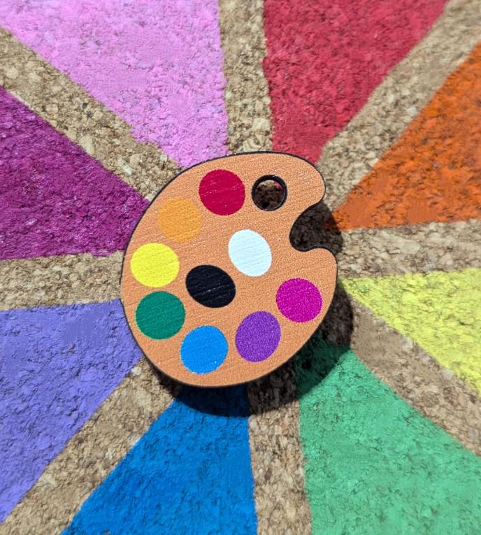 Artists palette and brush wooden pins. crafty gift, rainbow pallete, painter pin set lapel / brooch / badge.