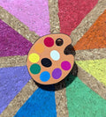 Artists palette and brush wooden pins. crafty gift, rainbow pallete, painter pin set lapel / brooch / badge.