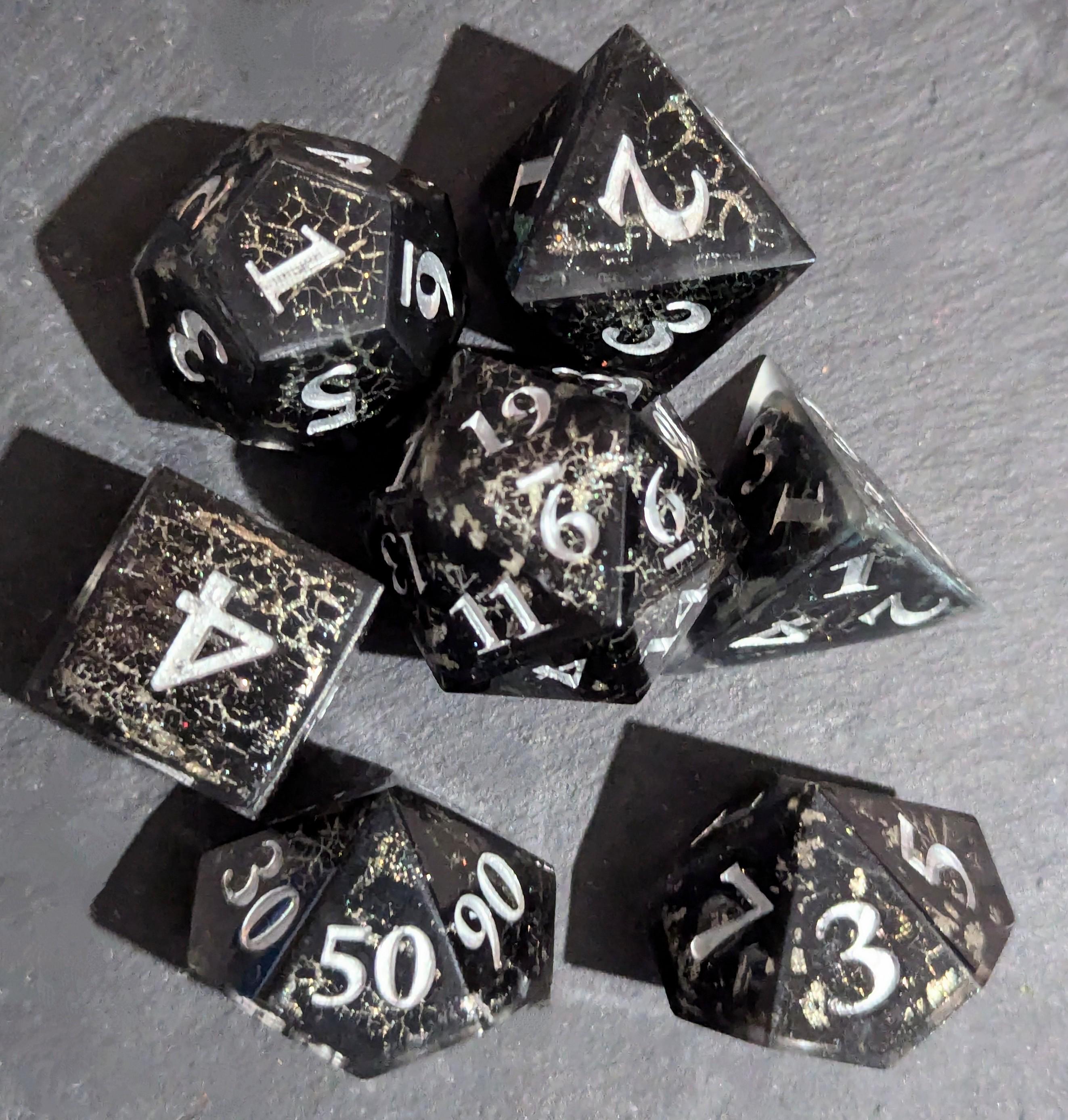 Night Tempest (Crackle effect) - Black and Silver 7 pcs Polyhedral Resin Dice Set, D&D DND Handmade Dice, Rpg Sharp edge.