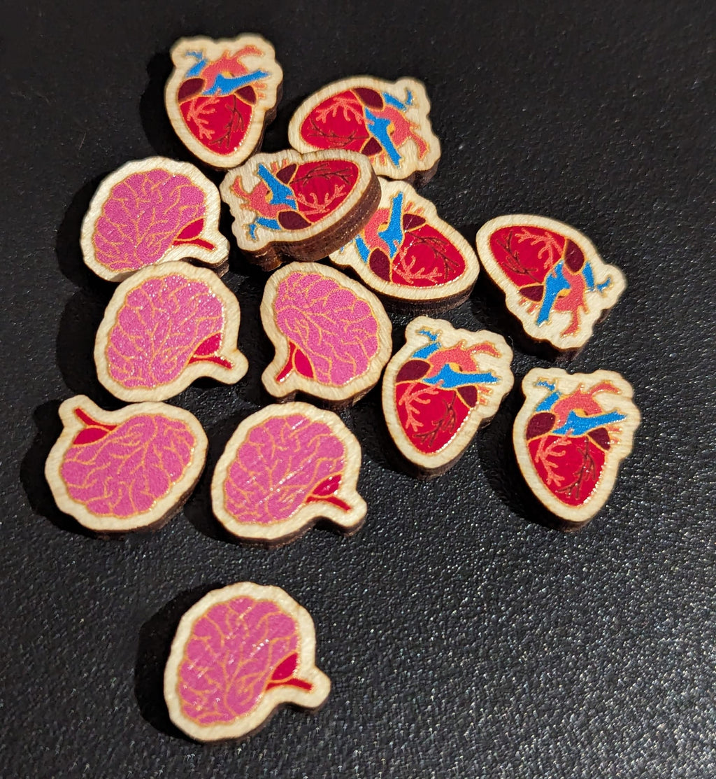 Anatomical heart and brain wooden pin badges or stickers. Pin Display/Set/Clothing Accessories also in mini size and rainbow neurodivergent.