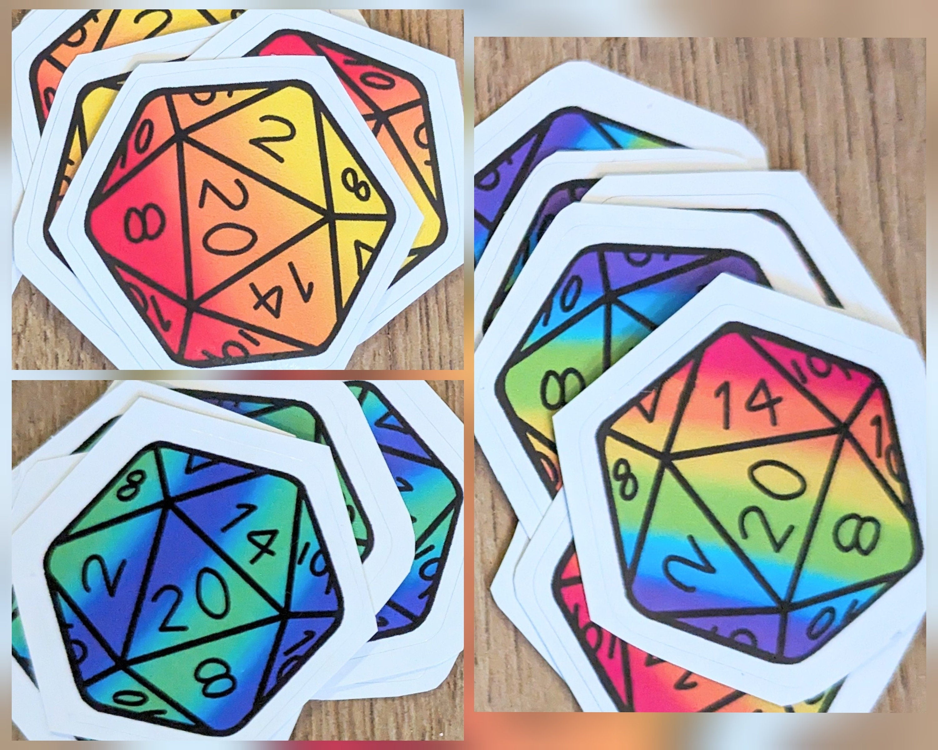 Mini Wood Colorful/Rainbow Pins and D20 Dice Acrylic Pin Badges or Stickers Dungeons & Dragons/DND/TTRPG.