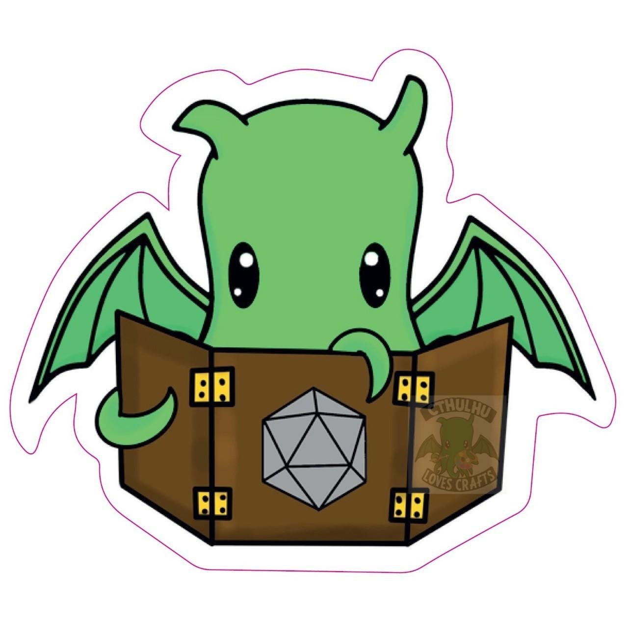 Cute Cthulhu Stickers in various designs, holding critical fail & success rainbow d20, destroying a ship, being a DM and holding a loveheart