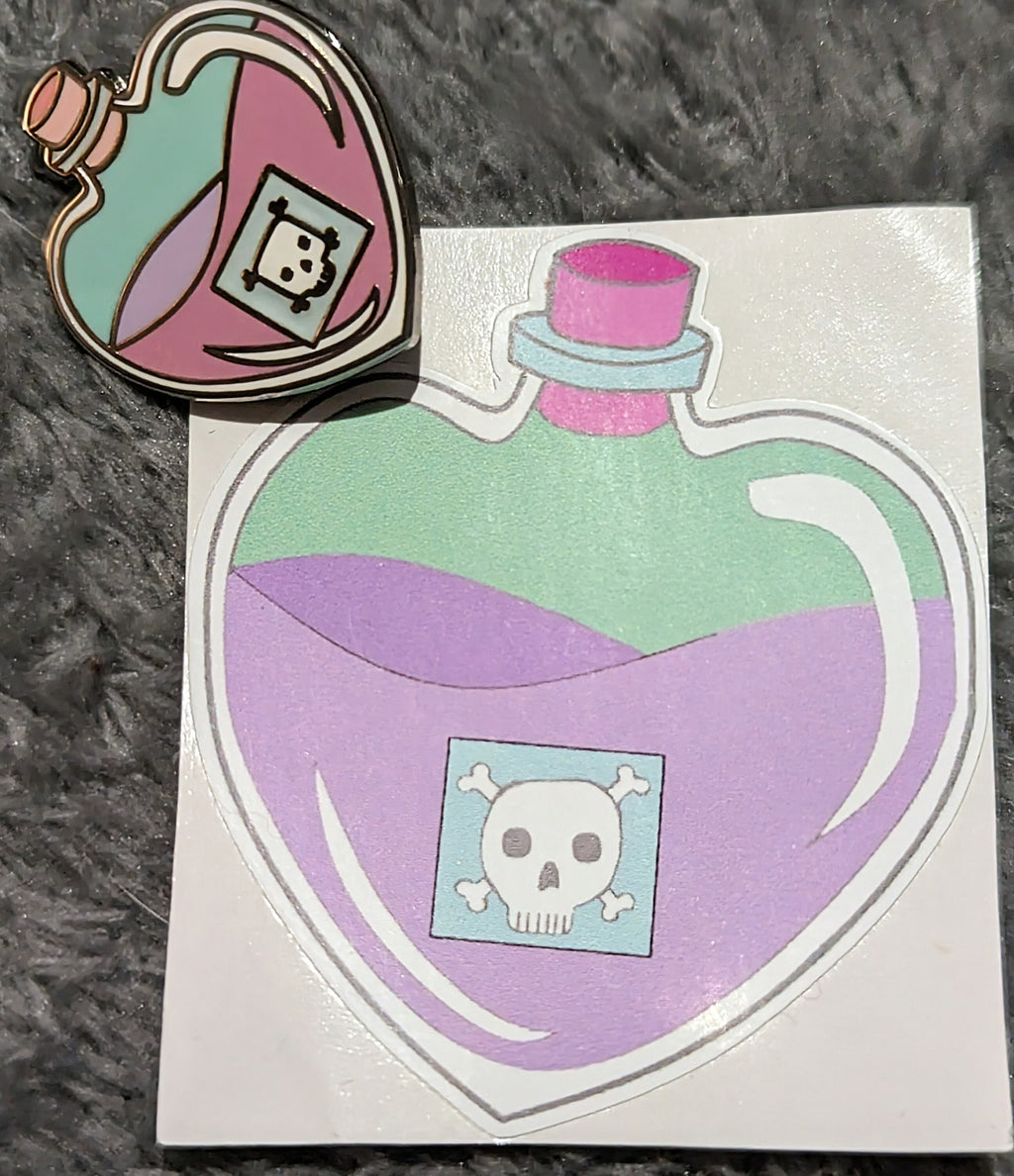 Potion of Poison Stickers, Enamel or Wooden pins. Cute heart-shaped potion bottle, pink liquid and a skull label, D&D lapel / brooch/ badge.