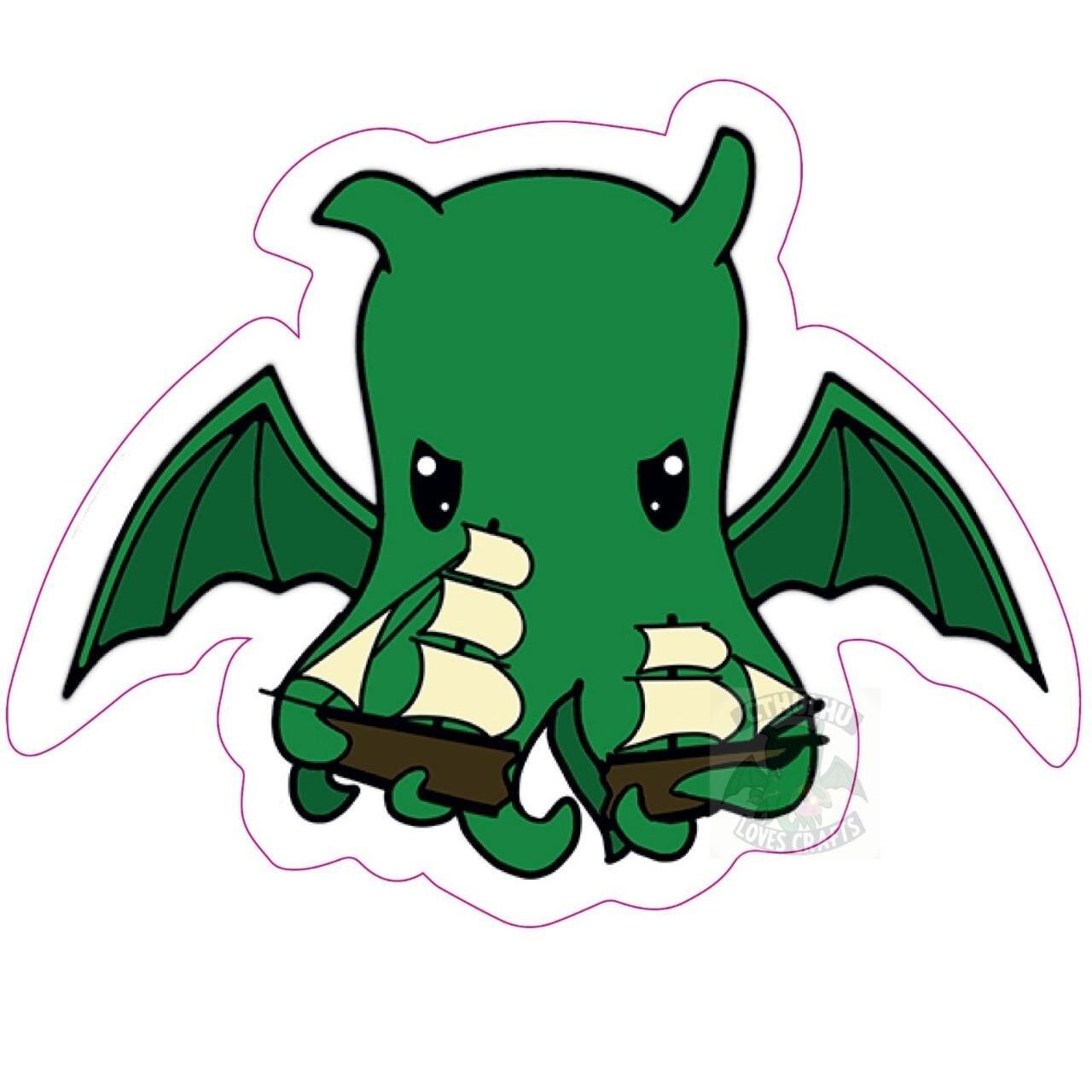 Cute Cthulhu Stickers in various designs, holding critical fail & success rainbow d20, destroying a ship, being a DM and holding a loveheart