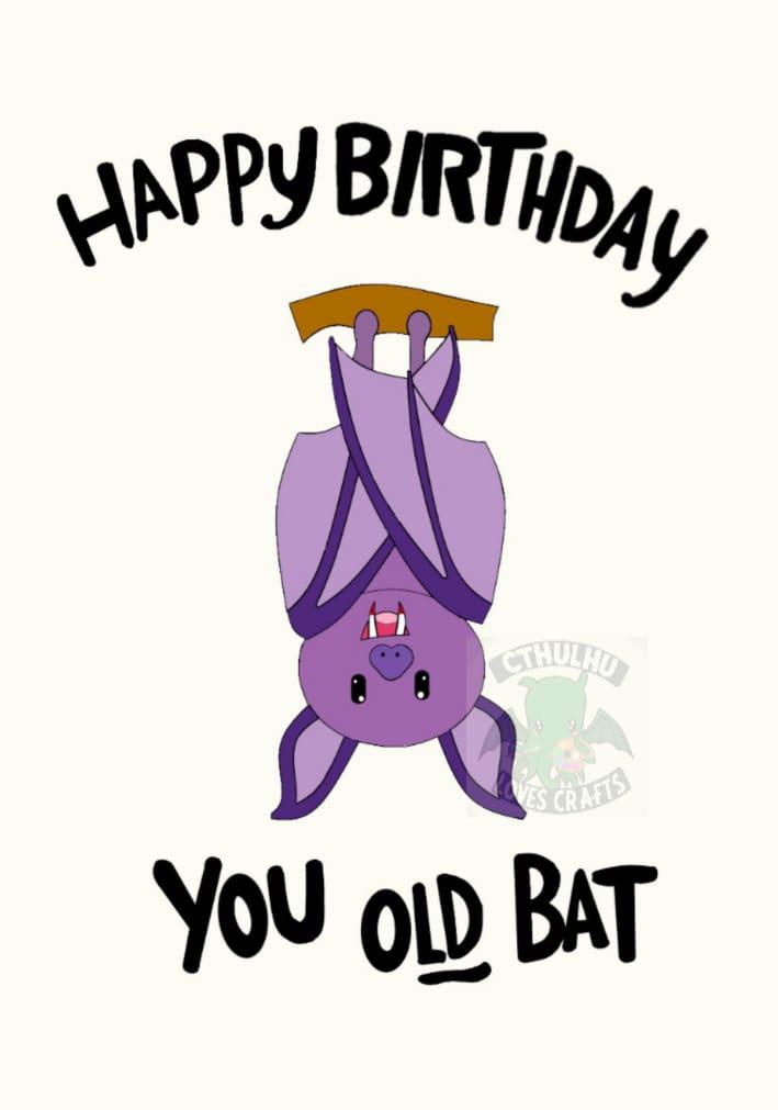 Purple Vampire Bat Birthday, Greetings Cards, Nerdy, Happy Birthday You Old Bat, Dark Humor, funny puns Folding Card.