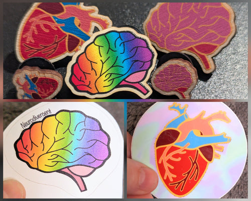 Anatomical heart and brain wooden pin badges or stickers. Pin Display/Set/Clothing Accessories also in mini size and rainbow neurodivergent.