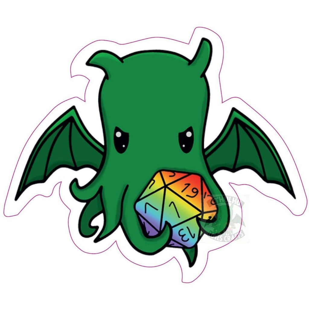 Cute Cthulhu Stickers in various designs, holding critical fail & success rainbow d20, destroying a ship, being a DM and holding a loveheart