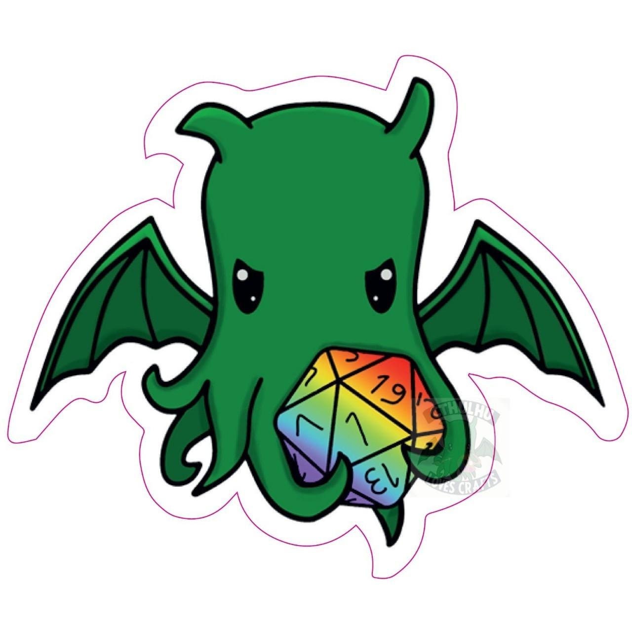 Cute Cthulhu Stickers in various designs, holding critical fail & success rainbow d20, destroying a ship, being a DM and holding a loveheart
