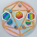 Mini Wood Colorful/Rainbow Pins and D20 Dice Acrylic Pin Badges or Stickers Dungeons & Dragons/DND/TTRPG.