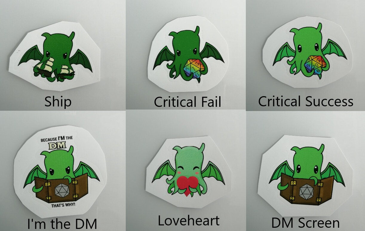 Cute Cthulhu Stickers in various designs, holding critical fail & success rainbow d20, destroying a ship, being a DM and holding a loveheart