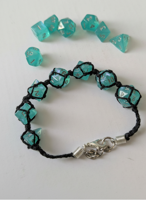 7 piece Polyhedral mini dice macrame charm bracelet, friendship bracelet, rainbow, DnD TTRPG accessories