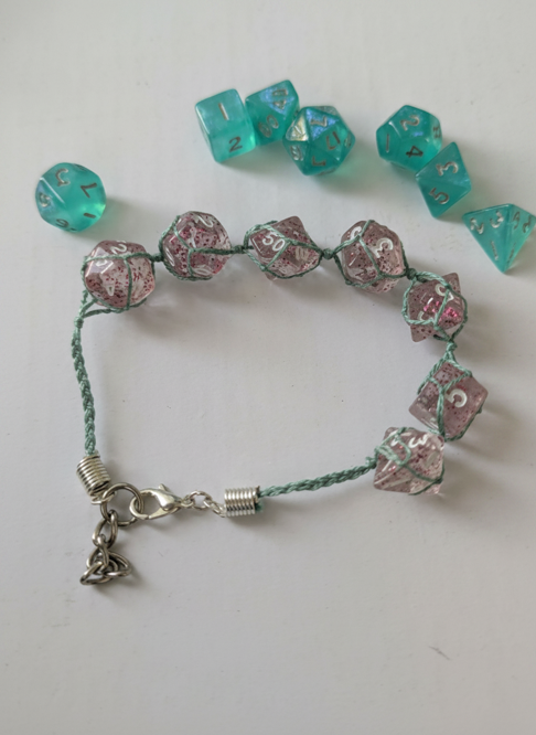7 piece Polyhedral mini dice macrame charm bracelet, friendship bracelet, rainbow, DnD TTRPG accessories