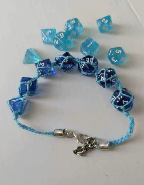 7 piece Polyhedral mini dice macrame charm bracelet, friendship bracelet, rainbow, DnD TTRPG accessories
