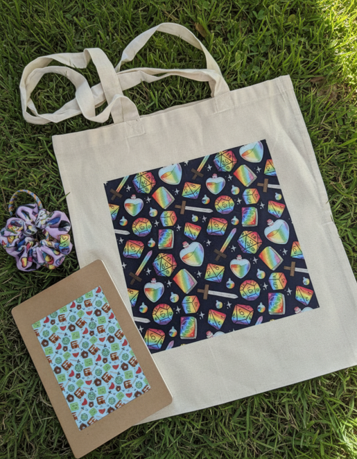 Repeat Pattern Cthulhu, Dice and Eldritch symbols cotton tote bags 100% cotton, DND, D&D, COC, TTRPG Accessories