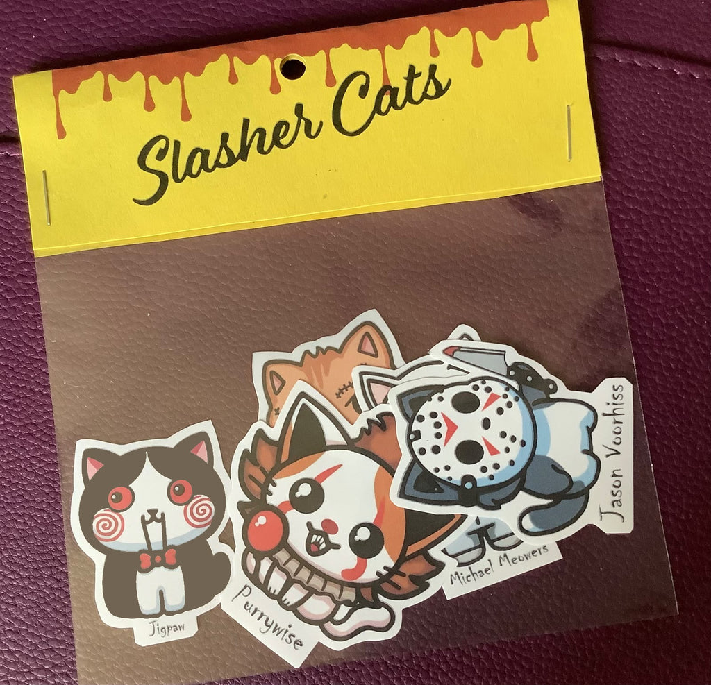 Slasher Cats Horror Movie Puns Iconic Killers / Villains as Cute Kitties, Pack of 5 stickers or buy individually Freddie Kreuger, Jason Voorhees, Michael Myers Jigsaw, Leatherface and more