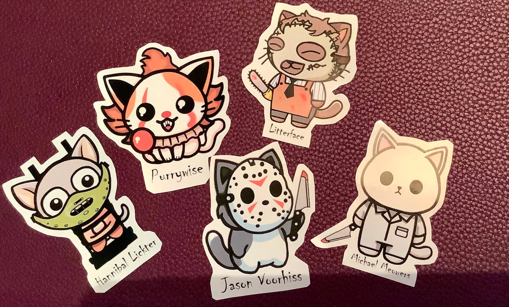 Slasher Cats Horror Movie Puns Iconic Killers / Villains as Cute Kitties, Pack of 5 stickers or buy individually Freddie Kreuger, Jason Voorhees, Michael Myers Jigsaw, Leatherface and more