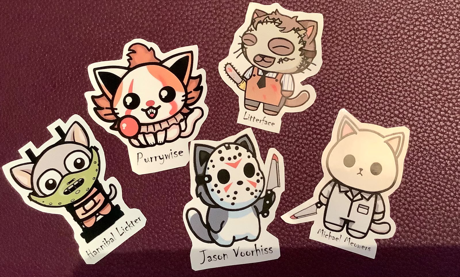 Slasher Cats Horror Movie Puns Iconic Killers / Villains as Cute Kitties, Pack of 5 stickers or buy individually Freddie Kreuger, Jason Voorhees, Michael Myers Jigsaw, Leatherface and more