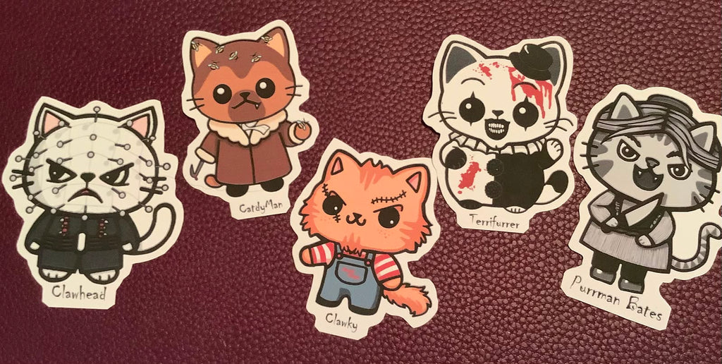 Slasher Cats Horror Movie Puns Iconic Killers / Villains as Cute Kitties, Pack of 5 stickers or buy individually Freddie Kreuger, Jason Voorhees, Michael Myers Jigsaw, Leatherface and more