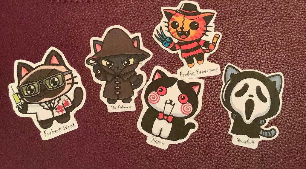 Slasher Cats Horror Movie Puns Iconic Killers / Villains as Cute Kitties, Pack of 5 stickers or buy individually Freddie Kreuger, Jason Voorhees, Michael Myers Jigsaw, Leatherface and more