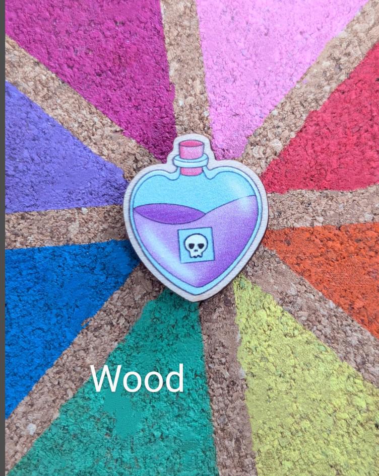 Potion of Poison Stickers, Enamel or Wooden pins. Cute heart-shaped potion bottle, pink liquid and a skull label, D&D lapel / brooch/ badge.