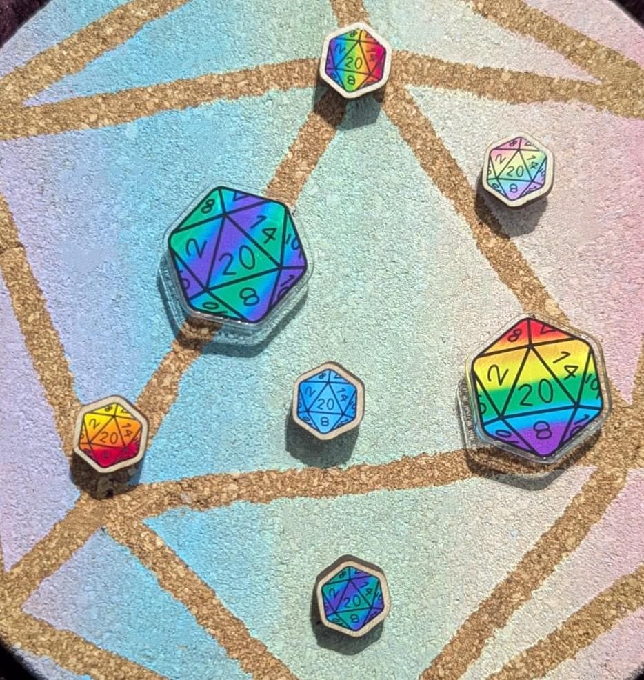 Mini Wood Colorful/Rainbow Pins and D20 Dice Acrylic Pin Badges or Stickers Dungeons & Dragons/DND/TTRPG.