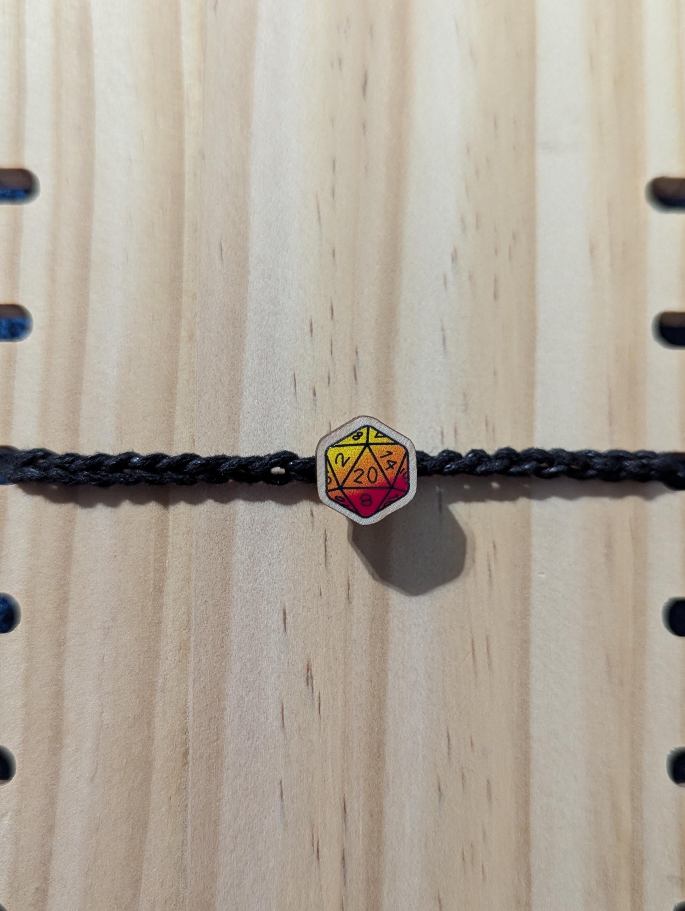 D20 Dice wooden charm bracelet, friendship bracelet, waxed cord, rainbow charm, DnD TTRPG accessory