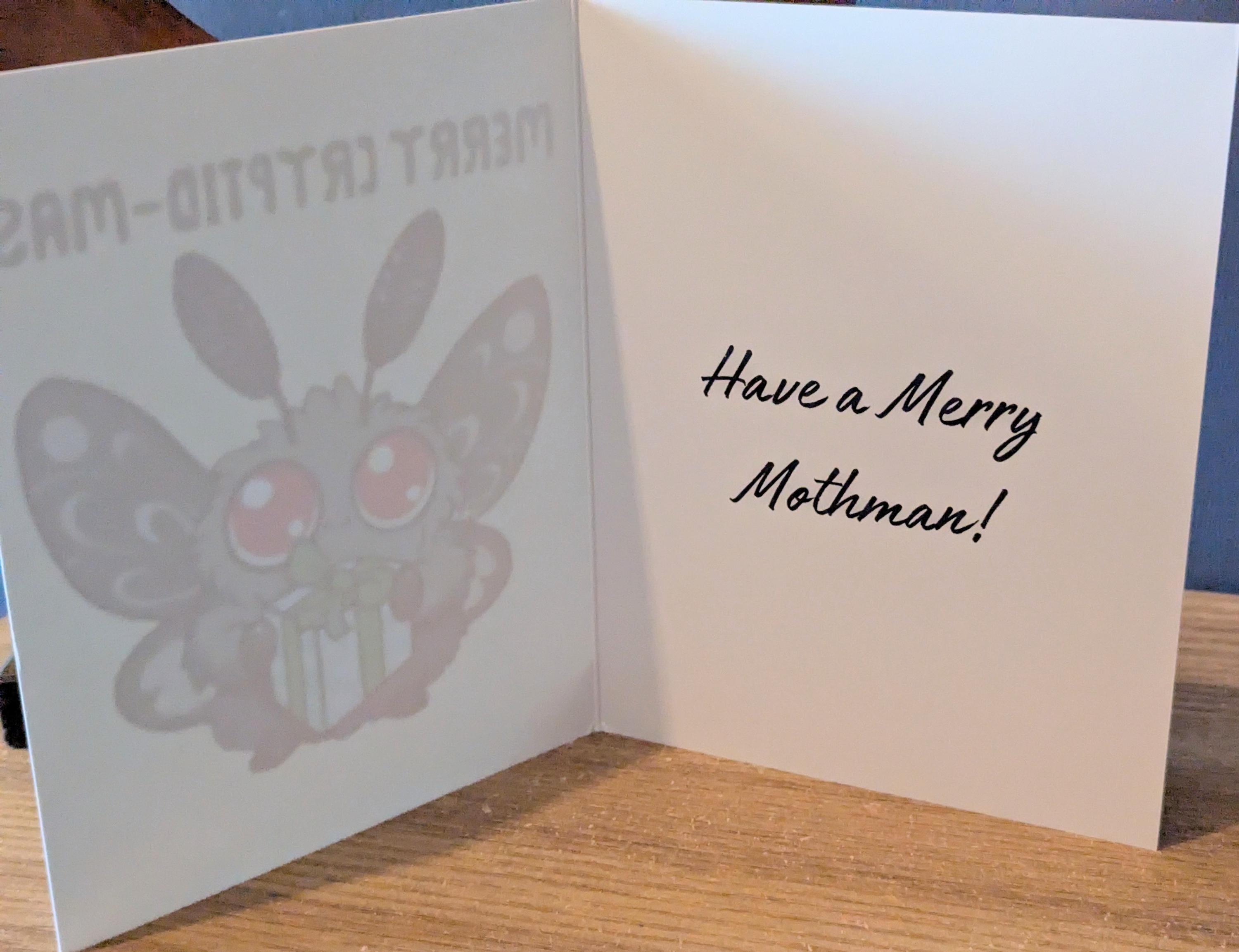 Mothman or Yeti Christmas Cards, Greetings Nerdy Xmas. Abominable Snowman, Cute Cryptid, Pun, Funny Folding Card Happy Holidays