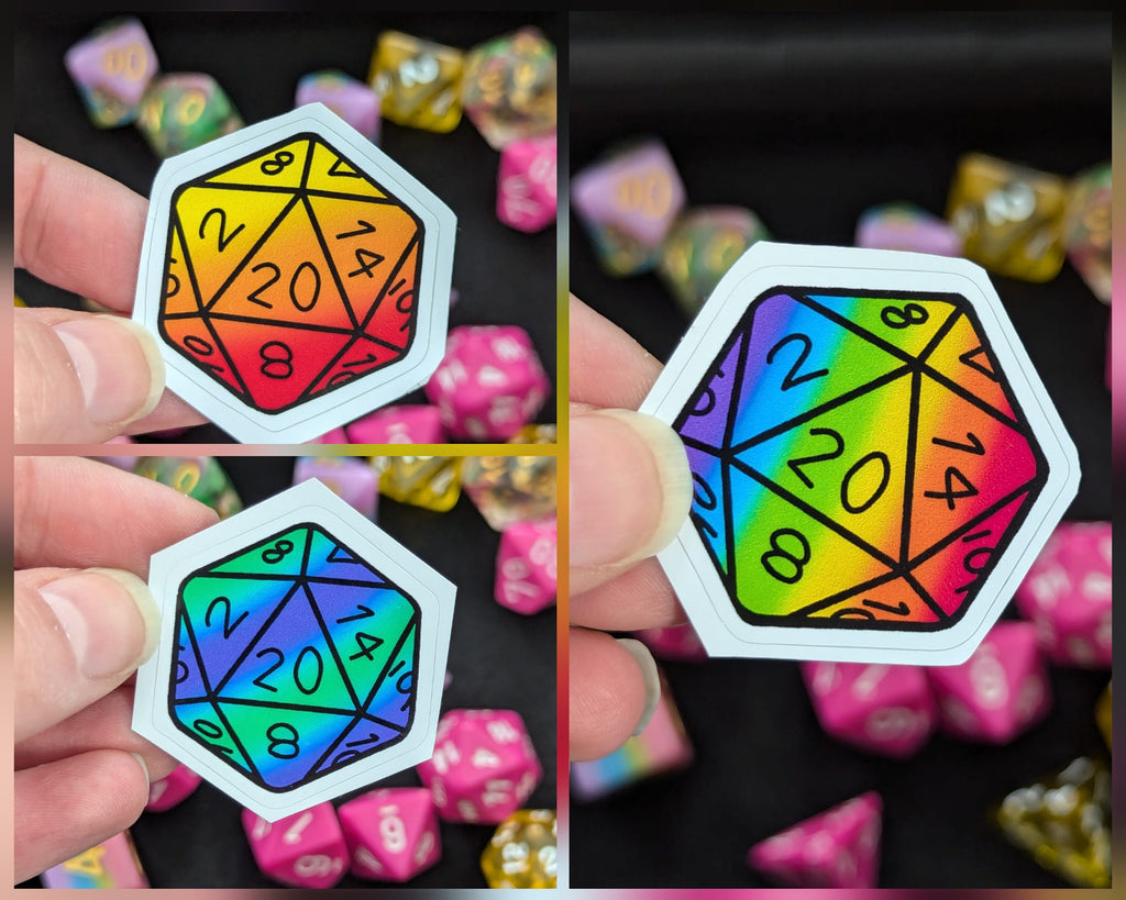 Mini Wood Colorful/Rainbow Pins and D20 Dice Acrylic Pin Badges or Stickers Dungeons & Dragons/DND/TTRPG.